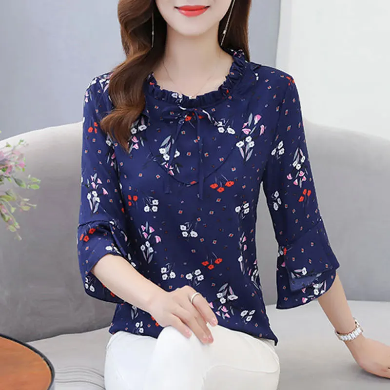 Fashion Broken Flower Printed Blouse Women\'s Clothing Ruffles Spliced Summer New Casual Half Sleeve Commute Drawstring Bow Shirt