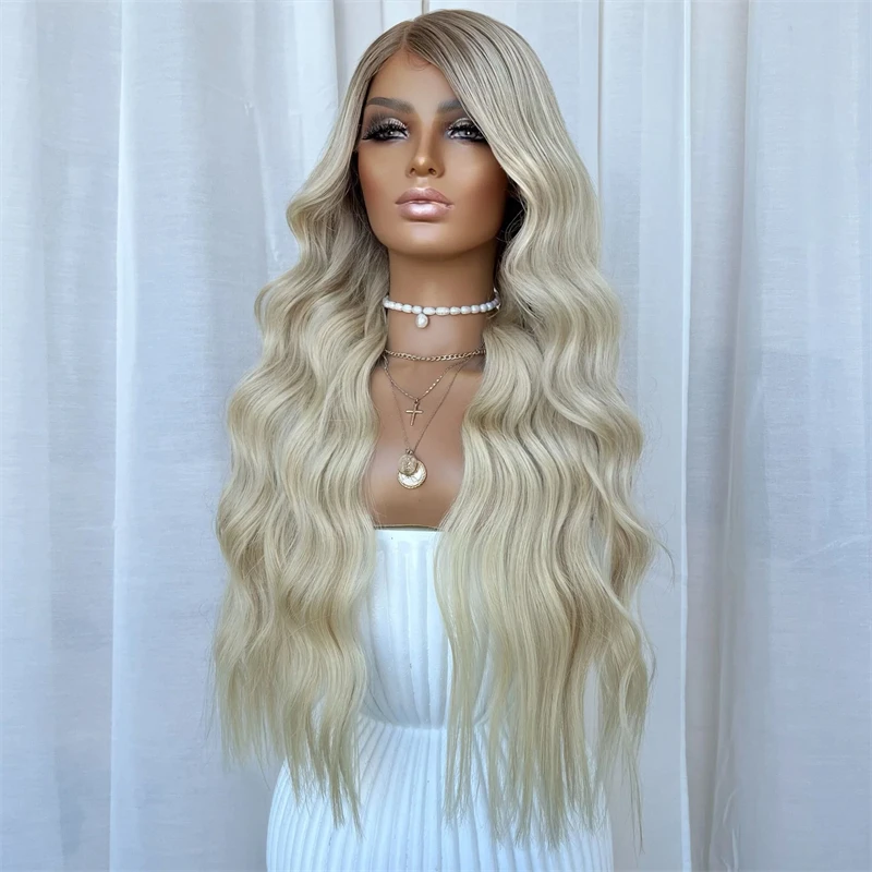 Lose lockige synthetische Lace-Front-Perücken, platinblond, aschblond, Perücke, weiblich, Cosplay, Party, leimlose HD-Spitze-Perücken, tiefe Wellen-Perücke