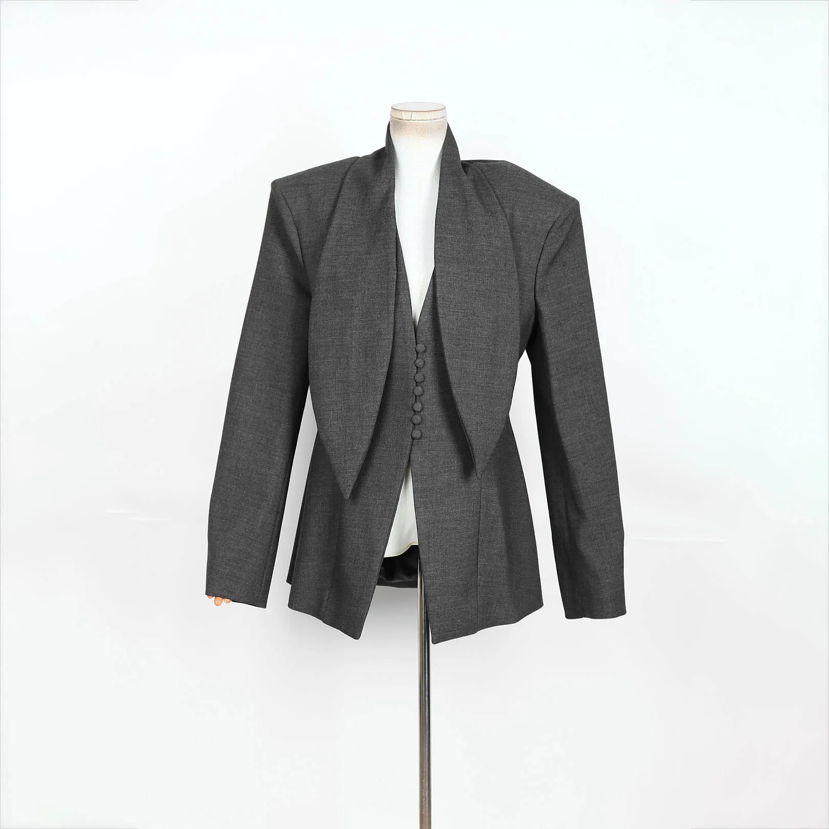 

Women's 2025 Spring High quality Gray Blazer with Vest-Like Detailing Elegant Layered Office Style Long Sleeve Jacket
