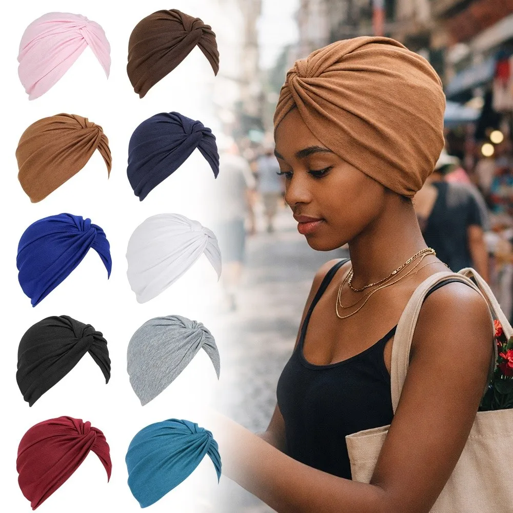 

Comfortable Vintage Hijab Caps Elastic Wrap Style Twist Knot Turban Hat Soft Polyester Breathable Head Wrap Cap Women Headwear