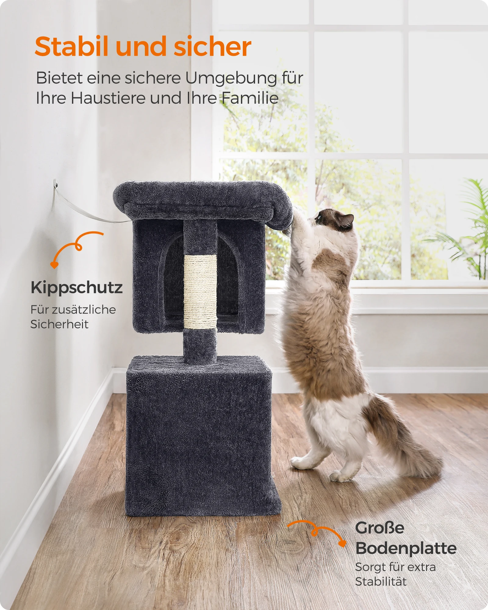 FEANDREA scratching post M-XL cat tree with 2 cottages sisal trunks compact