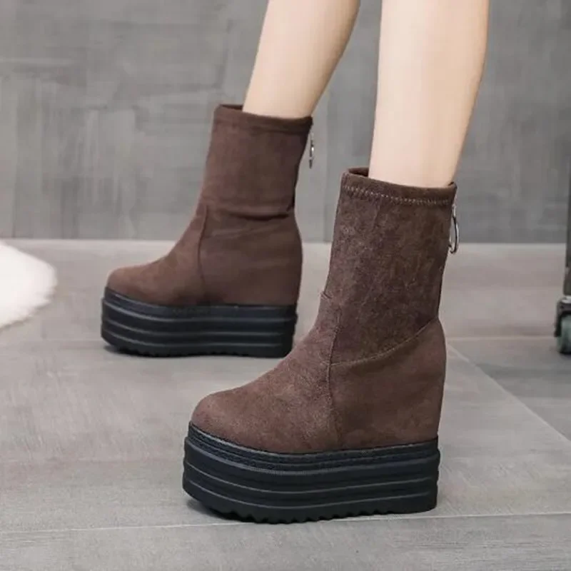 

НОВЫЕ дизайнерские зимние женские ботильоны на танкетке, высокие ботильоны на платформе, туфли на высоком каблуке 12 см, черные повседневные ботинки Botas Mujer