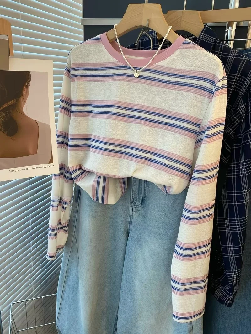 

Женская трикотажная футболка в американском стиле с длинными рукавами, свободного кроя, в полоску, с защитой от солнца, для учениц средней школы