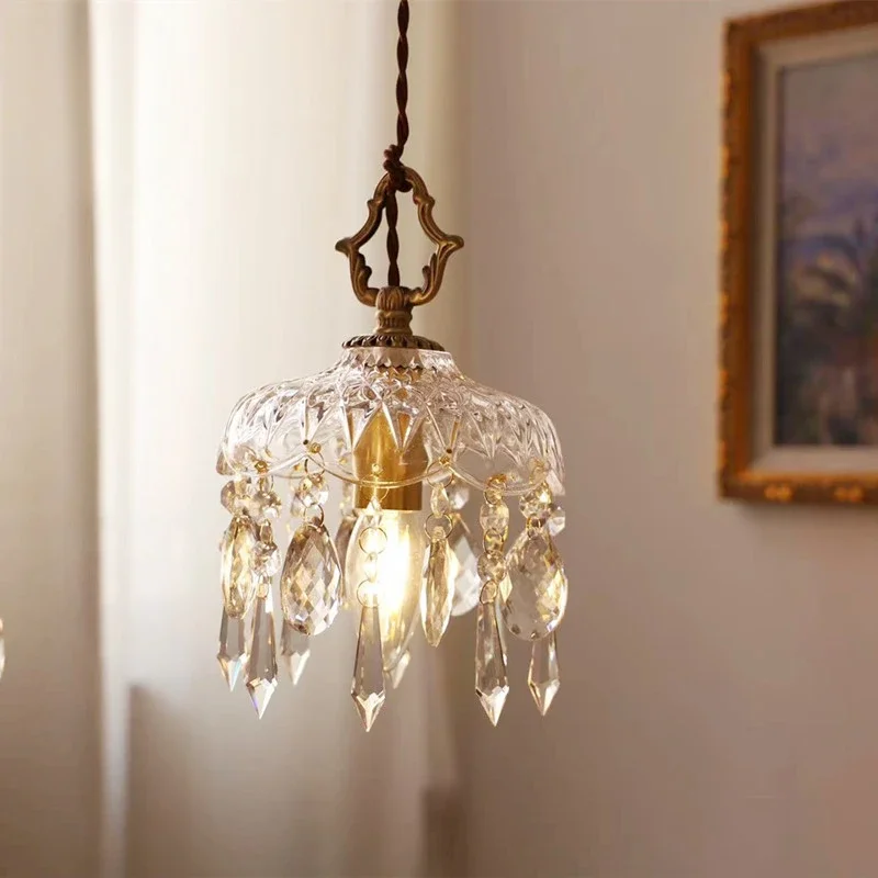 French Brass Retro Crystal Small Chandelier Entry Aisle Balcony Bedside Chandelier Entrance Bar Glass Chandelier