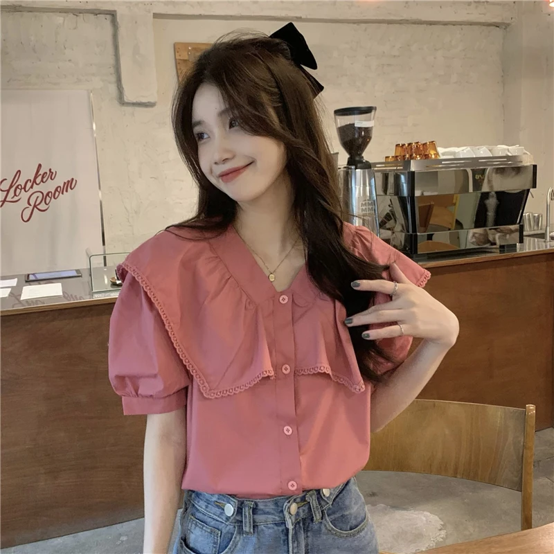 White Retro Shirt Women Summer Chic Puff Sleeve Loose Top Korean Fashion Harajuku Lace Patchwork Peter Pan Collar Female Blouse