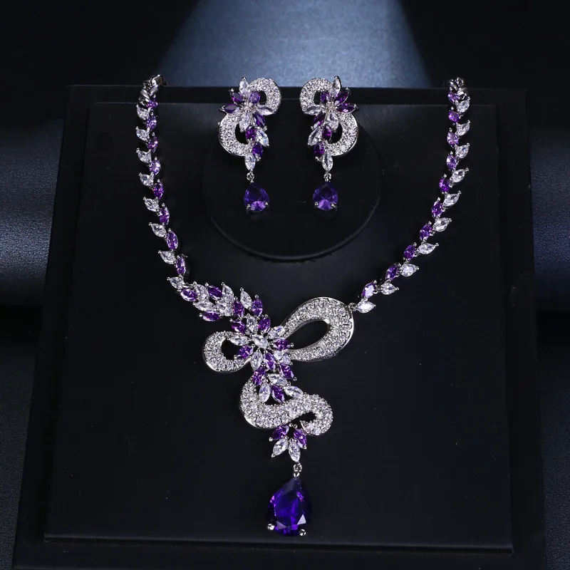 European Style Luxury Zircon Purple Crystal Jewelry Set For Women Africa Indian Wedding Banquet Party Charming Accessory Gift