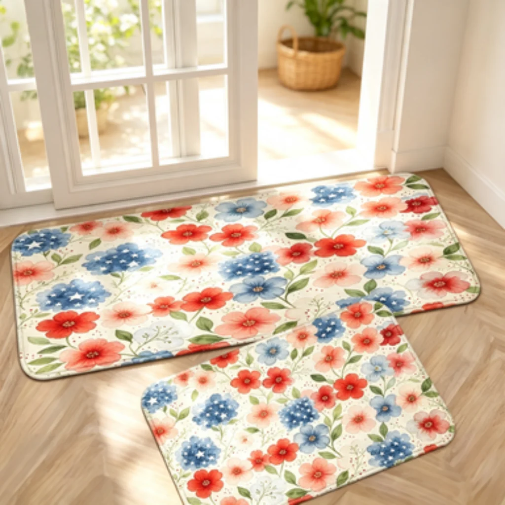 Forest Animal Letter Mat, Red Star Flag Floral Mat, Watercolor Red Flower Runner, Black White Cow Spot Door Mat.