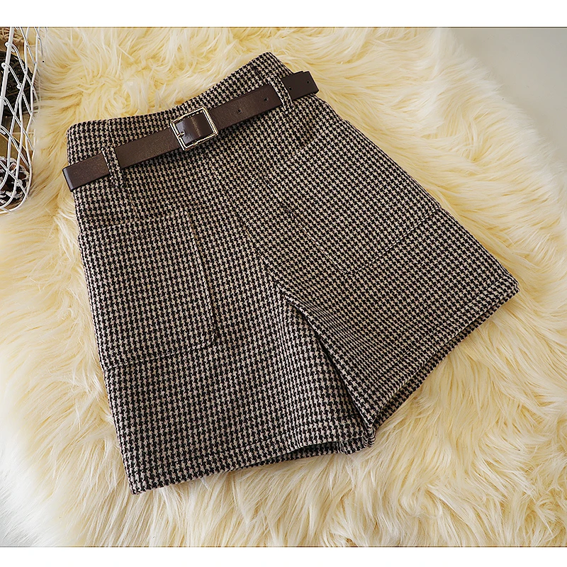 Houndstooth woolen shorts women\'s autumn and winter new high waist retro slim boots pantslarge size woolen pocket wide leg pants