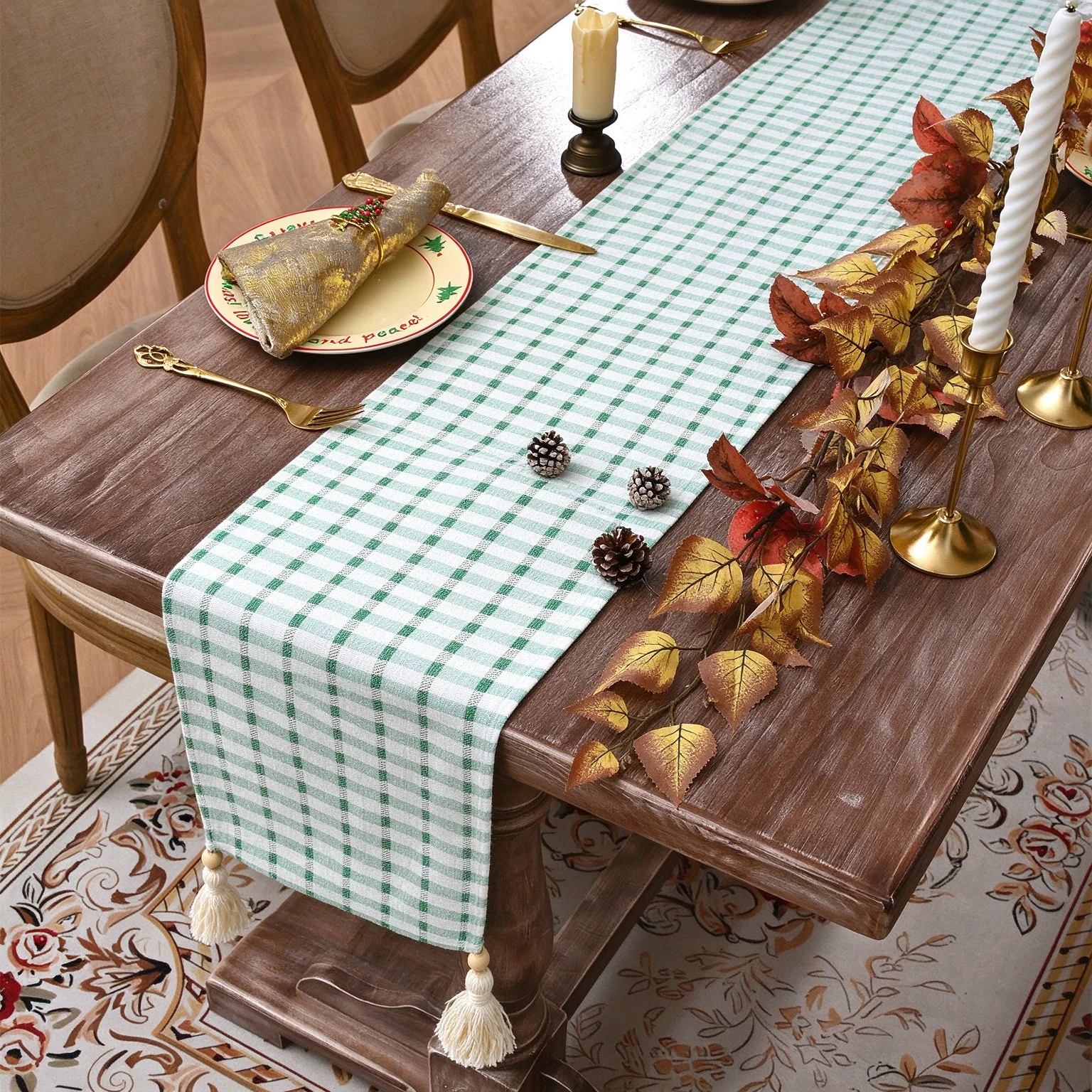 2026 New Hollow Out Green White Plaid Table Runner with Bead Tassel Christmas Farmhouse Woven Table Decor