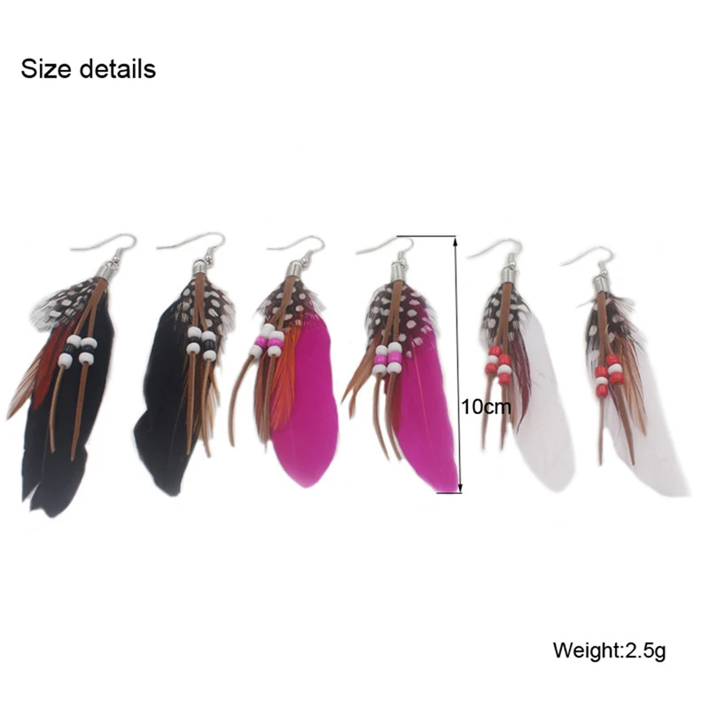 1Pair Tassel Dangling Earrings Colorful Feather Leather Beads Earrings Indian Feathers Summer Womens Fashion Jewelry