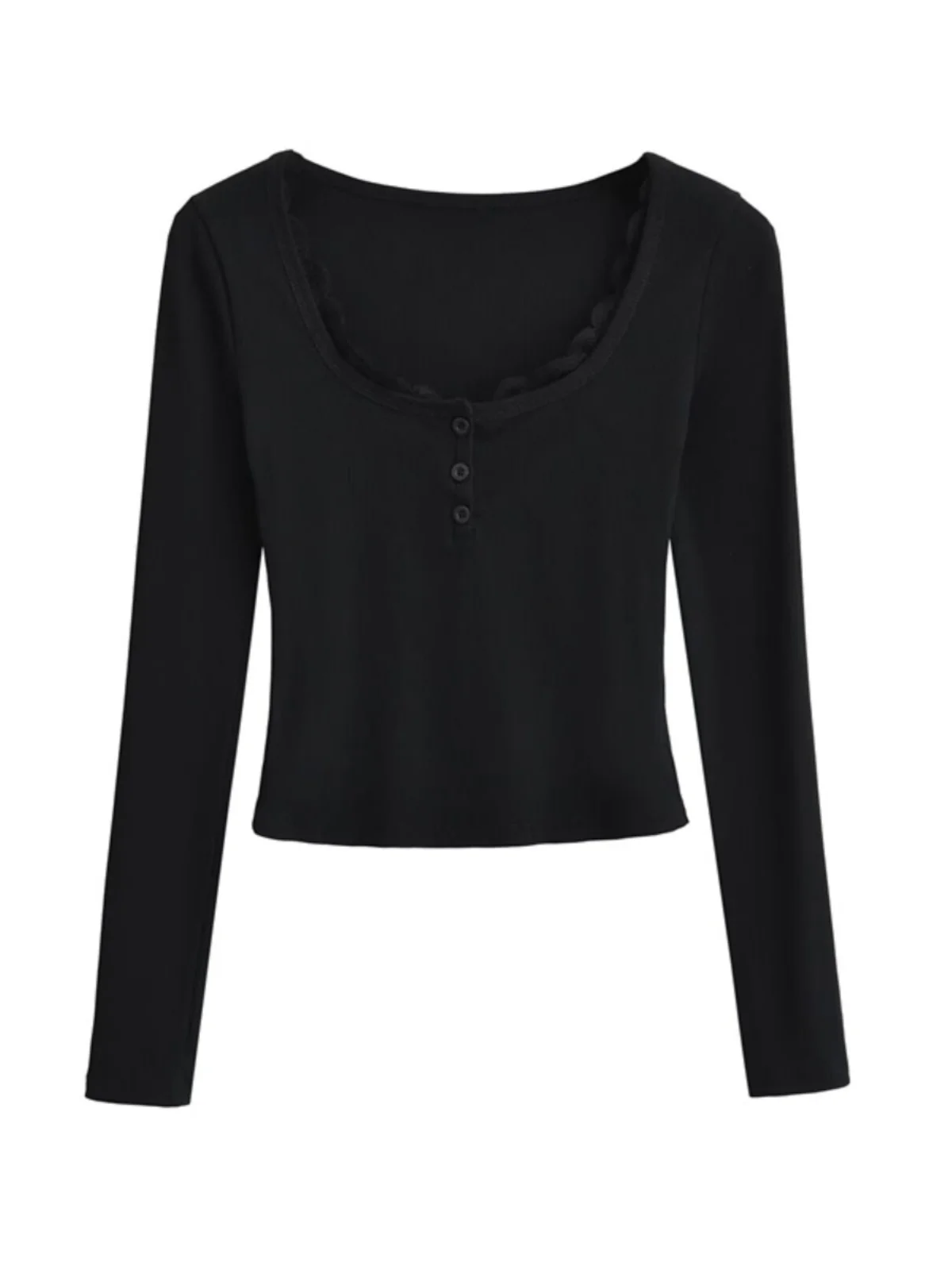 Dopasowany krój, długi rękaw, dekolt w kształcie litery U, ozdobny guzik, koronkowy wykończenie, damska moda uliczna, wczesna jesień, nowość...