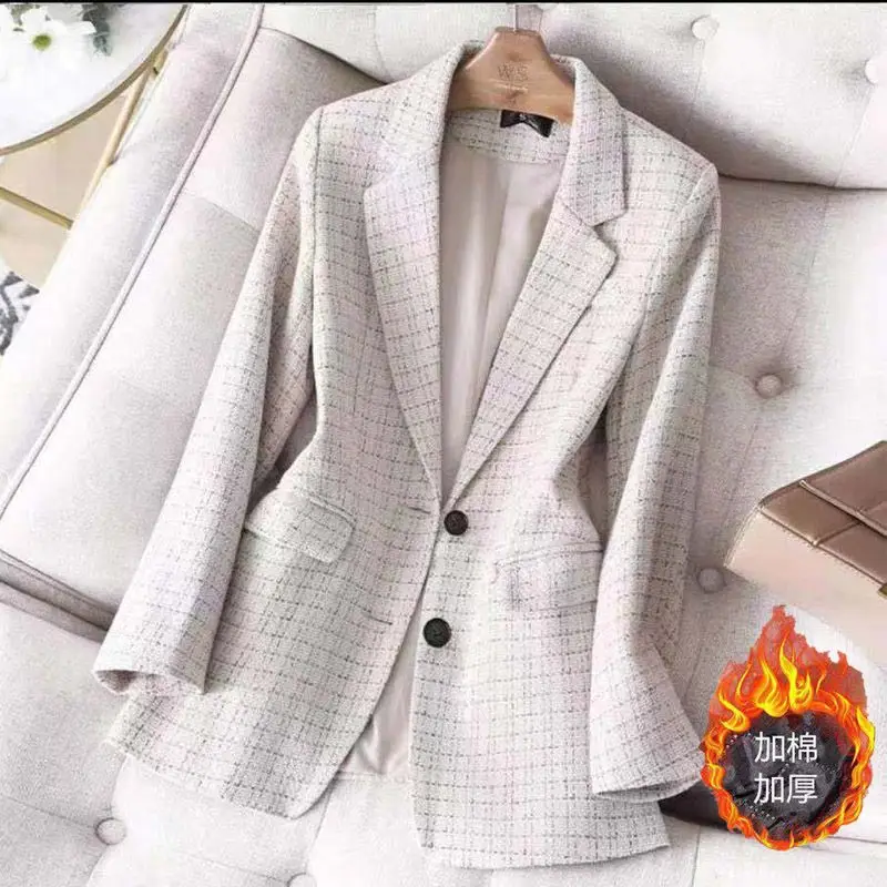 Women's Autumn and Winter New Fashion Minimalist Lapel Plaid Button Pocket Casual Versatile Long Sleeved Slim Fit Suit Jacket