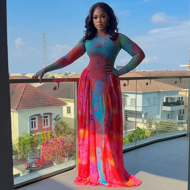 

STYLISH LADY Tie Dye Printed Draped Maxi Dress 2025 Autumn Women Long Sleeve O Neck BodyconVintage Ruched Loungewear Dresses