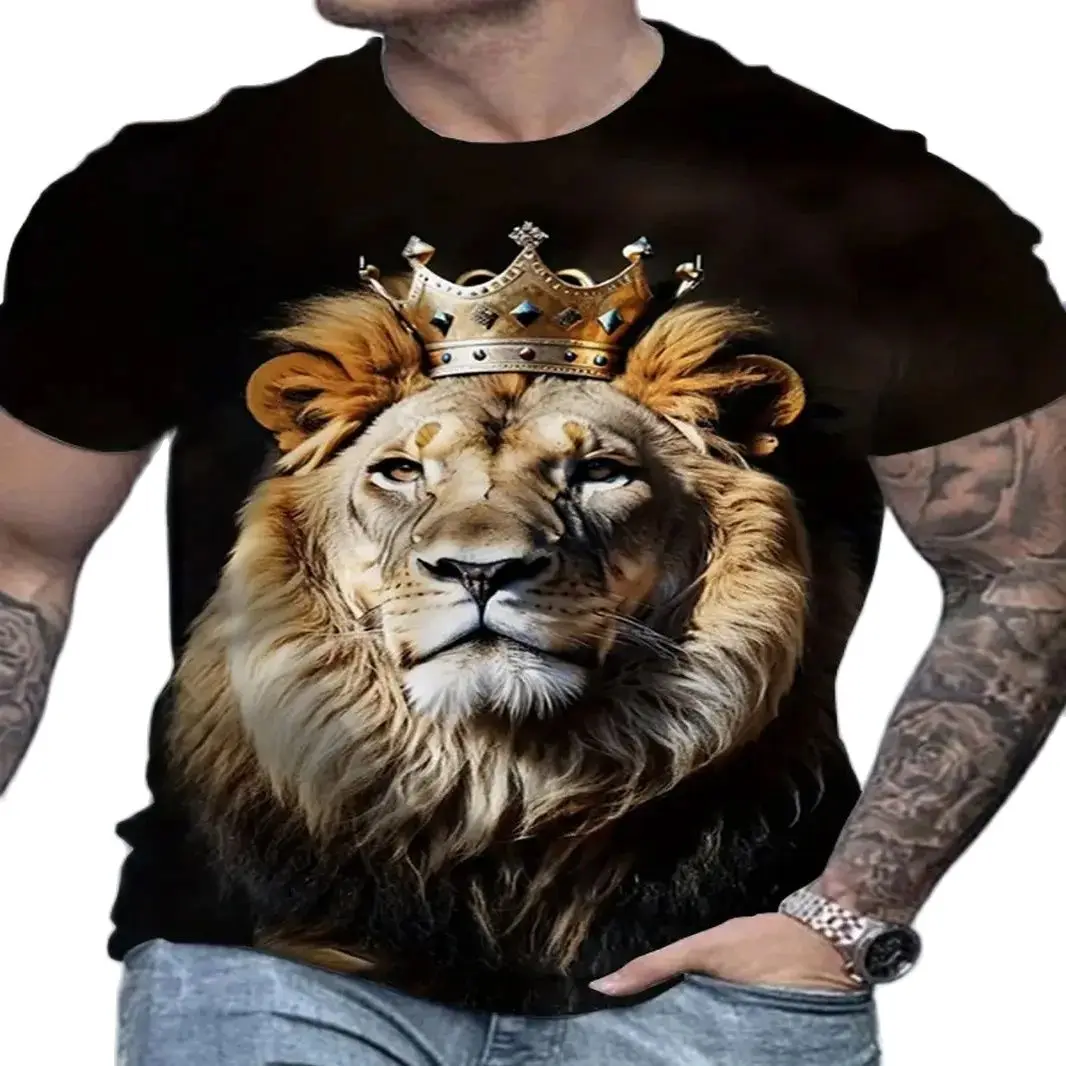 Summer Fashion Casual Cool Lion Graphic T-shirt For Men Trend Classic 3D Printed Animal Pattern Round Neck Short Sleeve Tees Top