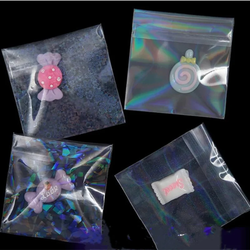 50pcs/pack Mini Laser Self-adhesive Bag OPP Dustproof Storage Hologram Envelope Plastic Bag