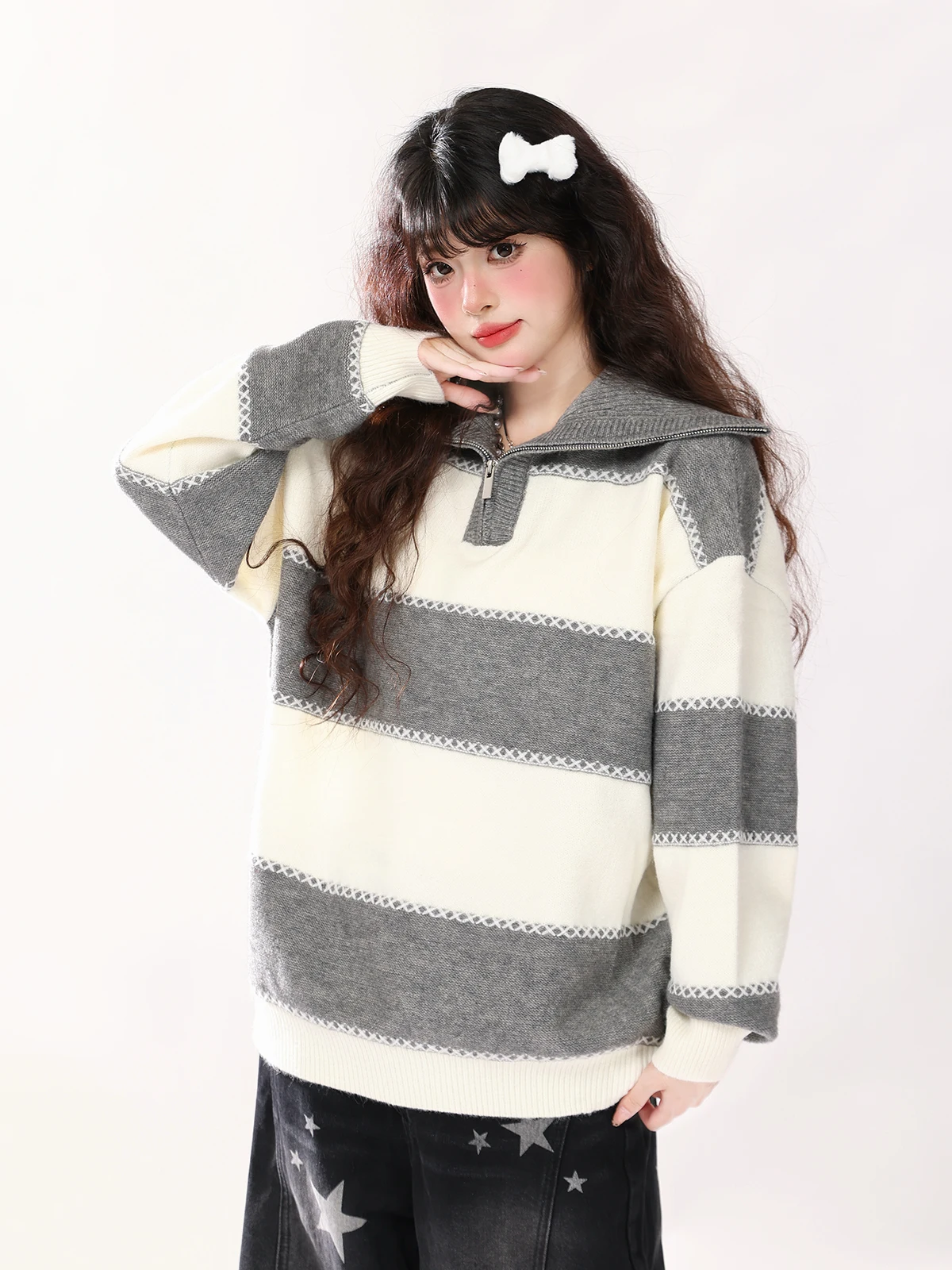 

ENJOG Women's Loose Knitted Sweater Autumn Winter Casual Stripe Pattern Collared Knitwear Faionable Versatile Comfortable