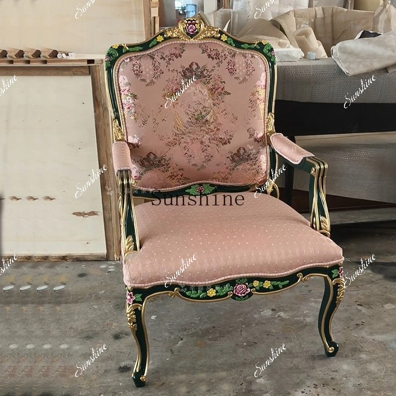 

Solid wood carved single chair European embroidery book chair Fabric leisure chair FT