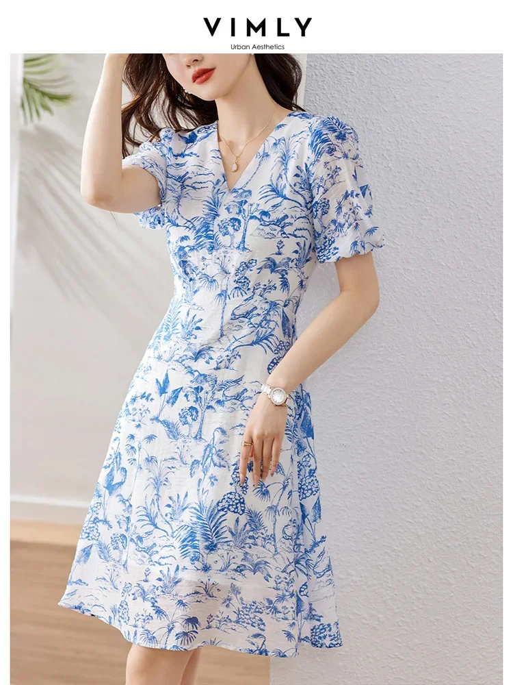 Vimly Lyocell Blend Blue Print Summer Dress for Women 2023 Short Puff Sleeve V Neck Holiday Chic Dress Female Vestidos V9530