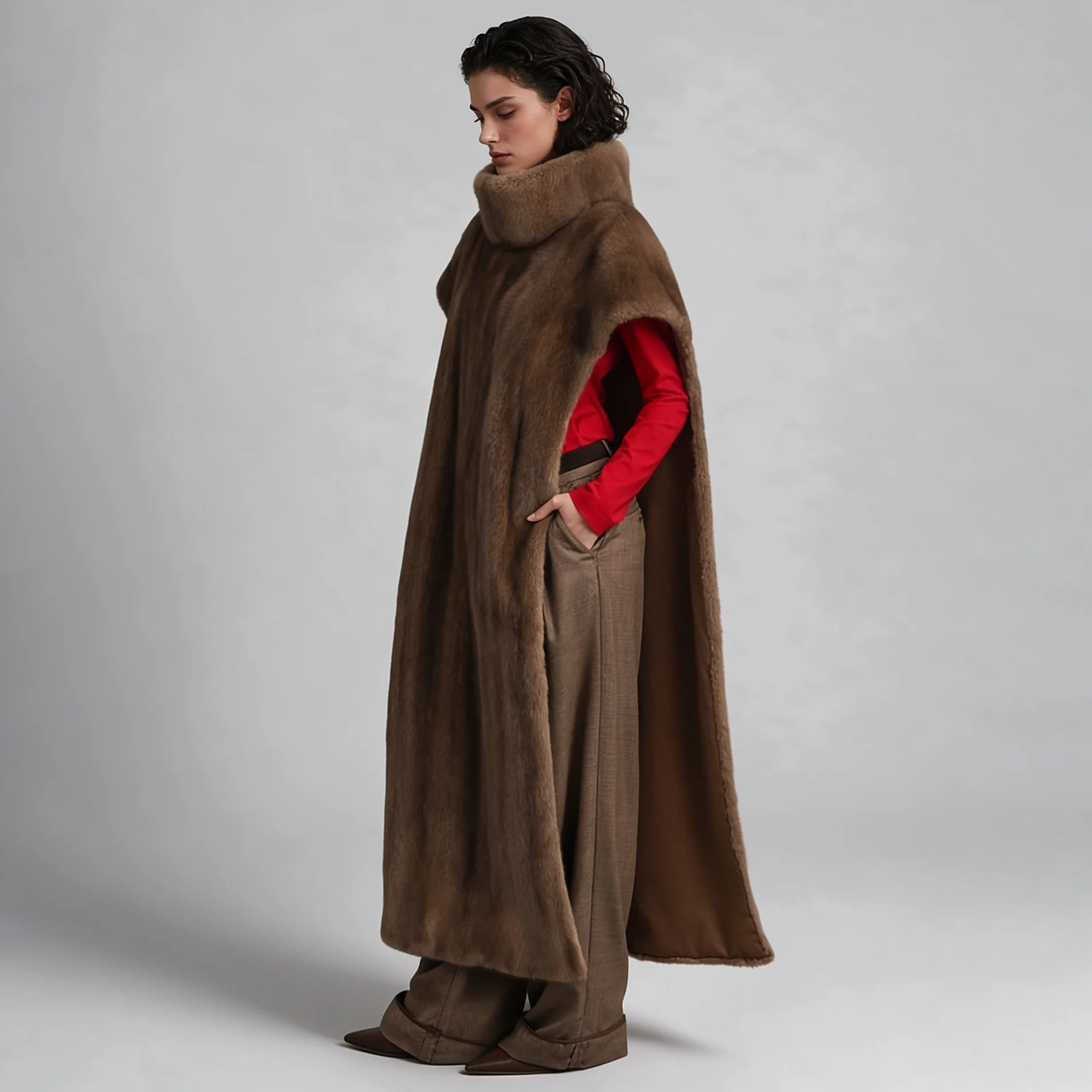 Women Brown Turtleneck Sleeveless Long Faux Fur Cape with Side Pockets, Winter Warm Elegant Commuter Layering Outerwear