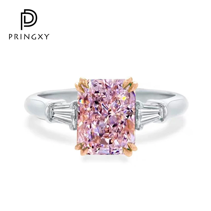 

PRINGXY 100% Sterling Silver 7CT Pink Yellow High Carbon Diamond Ring Rectangular Wedding Fine Jewelry Fashion Dinner for Women