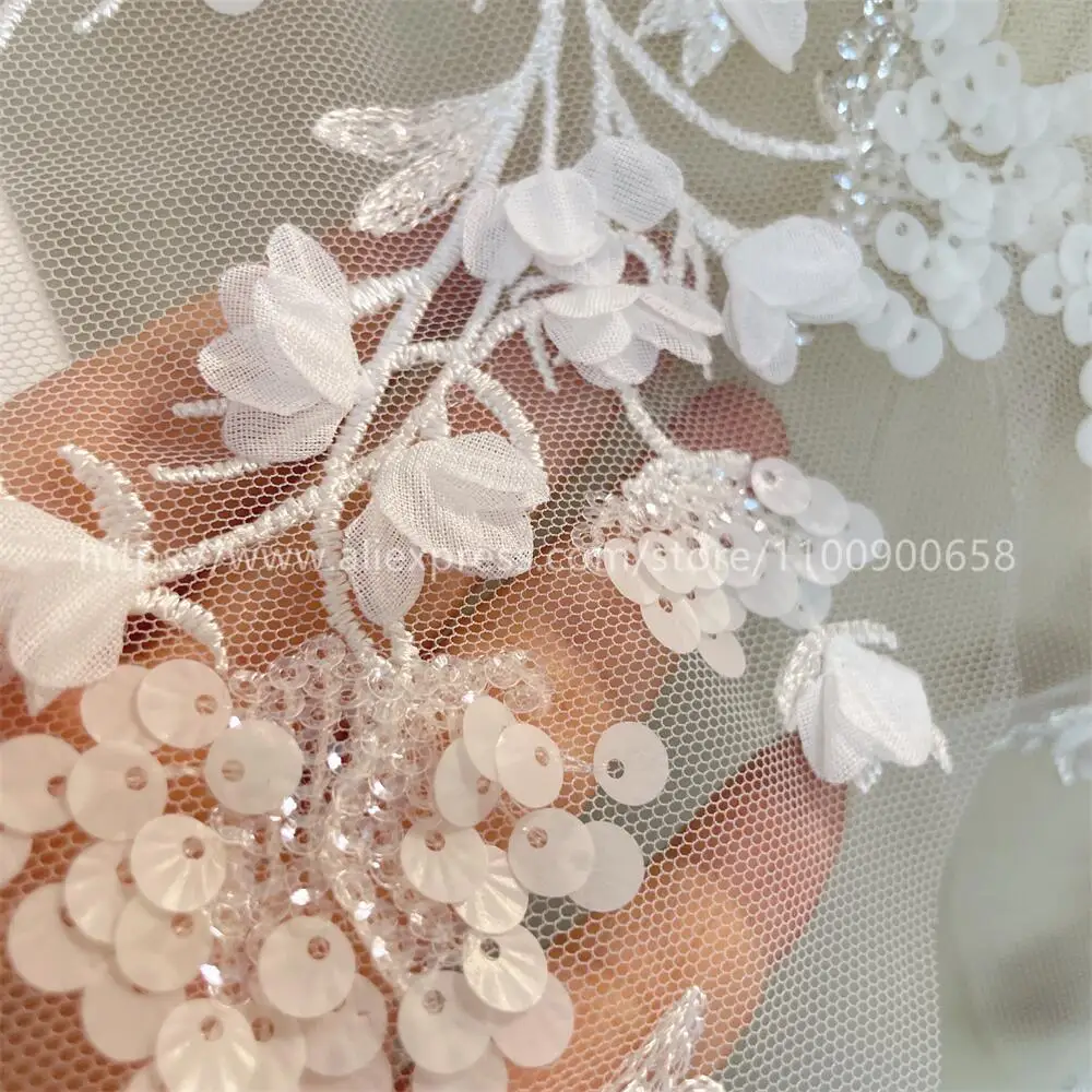 3D-Perlen-Spitzenapplikation für Hochzeitskleid-Dekoration, Pailletten-Chiffon-Spitze, Spiegelblumen, DIY-Accessoires, Weiß – Detail 6
