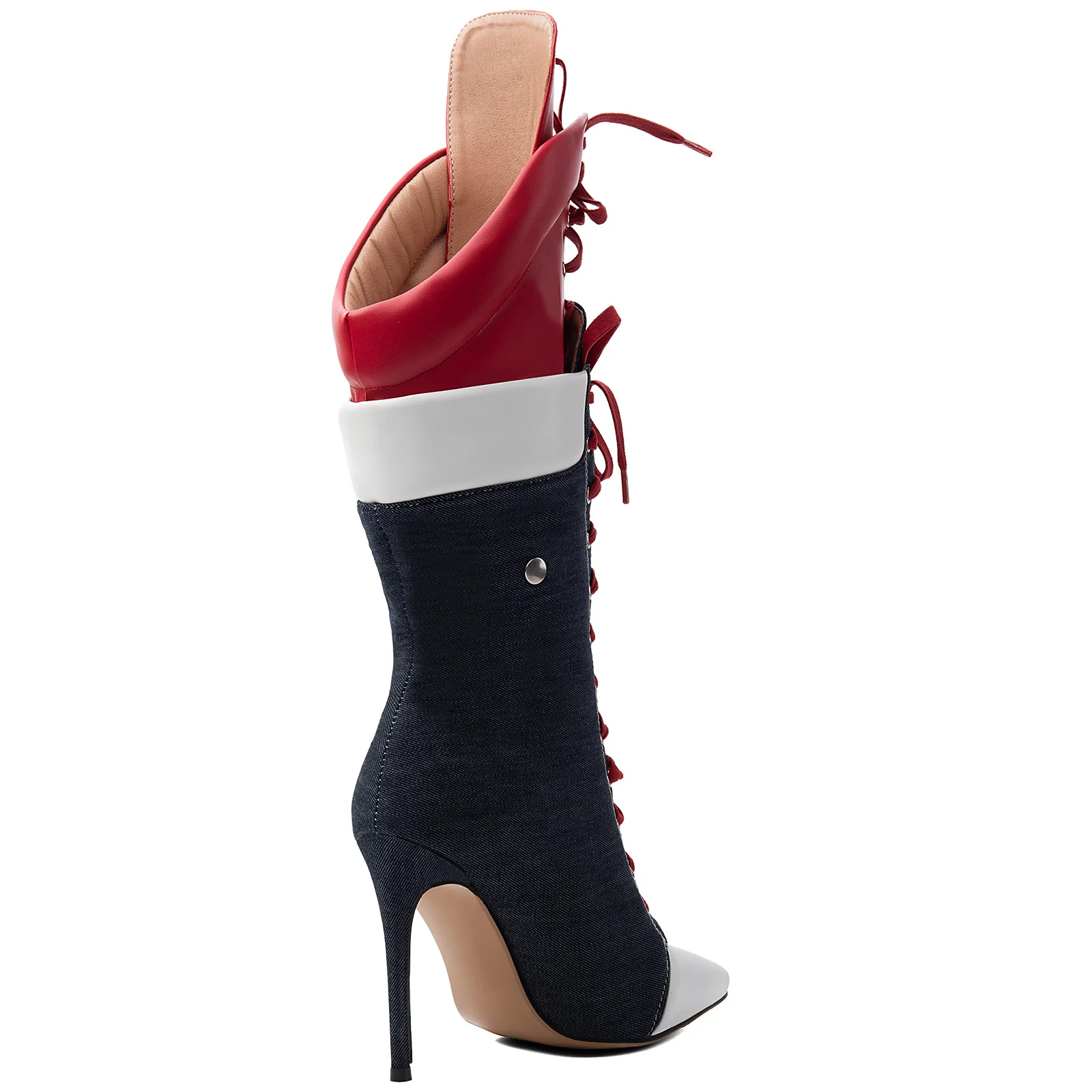 Women's red lace up canvas high boots pointy toe high heels plus size 46 47 denim luxury designer paerty good quality shoes