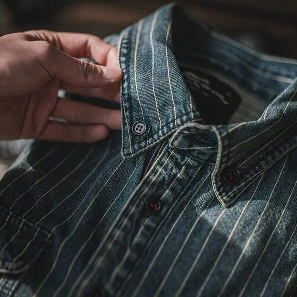 

Мужская рубашка-куртка: дышащая, повседневная, элегантная, больших размеров, с длинным рукавом, минималистичная, винтажная, с вертикальными полосками, с эффектом потертости