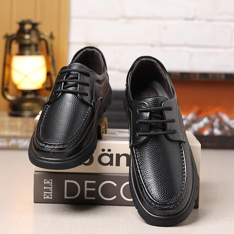 

Men's Lace-Up Casual Shoes, Soft Textured Leather Business Sneakers with Air Cushion, Comfortable for Work and Daily Wear