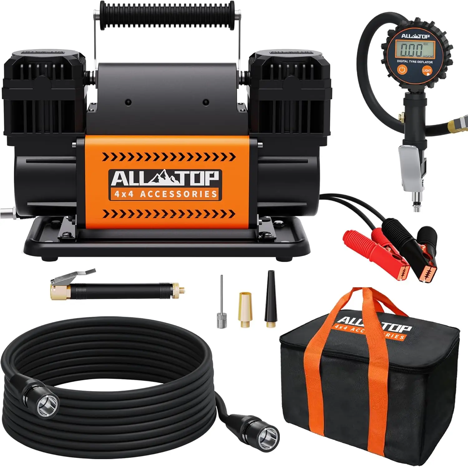 Compressor de ar duplo cilindro com manômetro digital, pneu Inflator Kit, 12V Inflator portátil, 12,35 pés ³/min