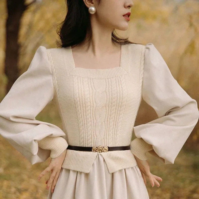 2025 Vintage Elegant Sweater Dress Women Autumn Winter New French Bubble Lantern Sleeve Long Dresses Fake Two-piece - Image 4