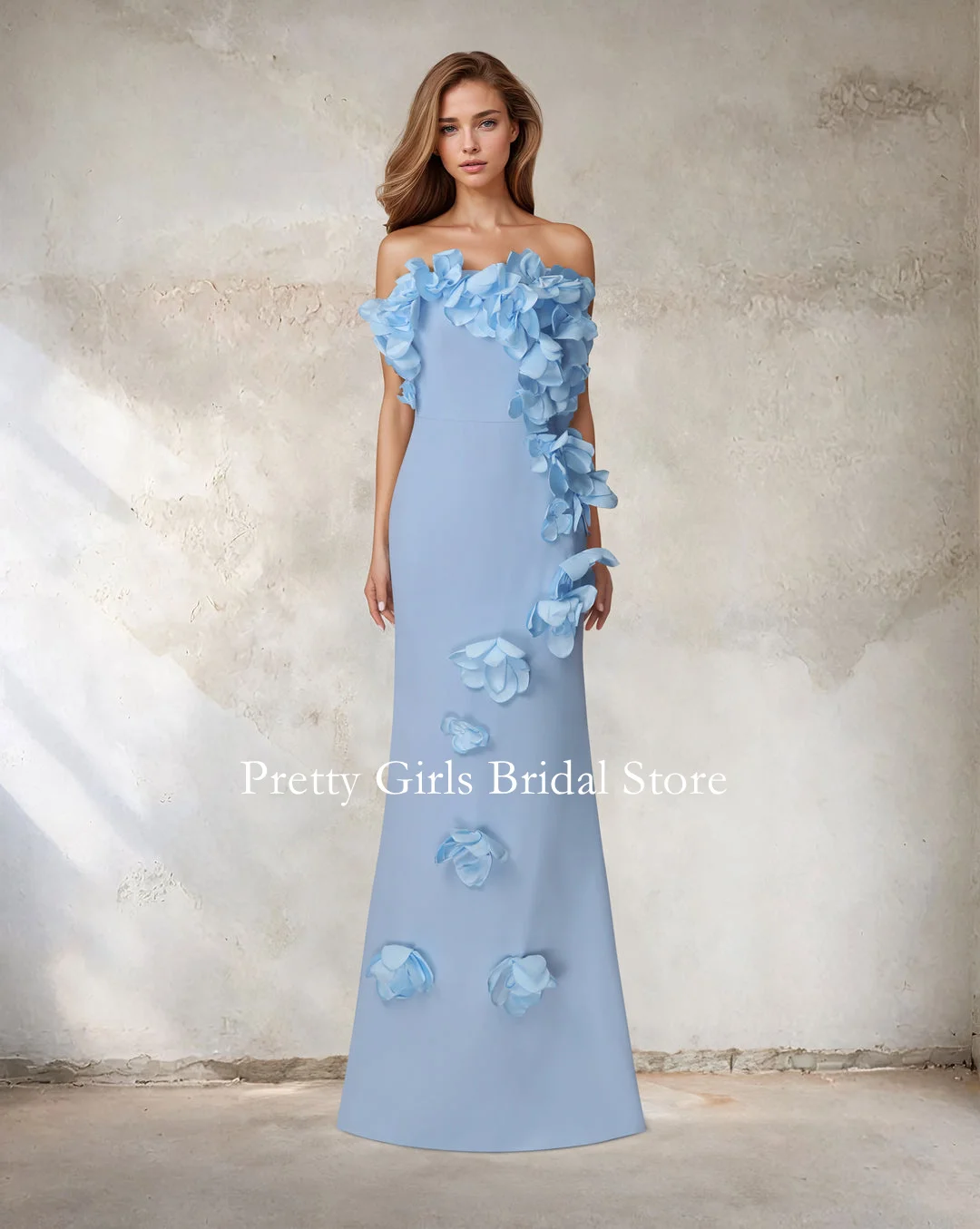 OEING Arabic Style Evening Dresses STRAPLESS SKY BLUE DRESS WITH 3D FLOWERS Formal Prom Growns Party Women Bride