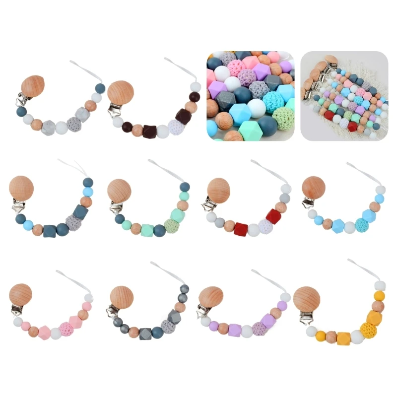 Baby Pacifier Chain Silicone Beads Pacifier Strap Beech Wood Clip Rope Chewing Toy Organiser Newborn Shower Gift