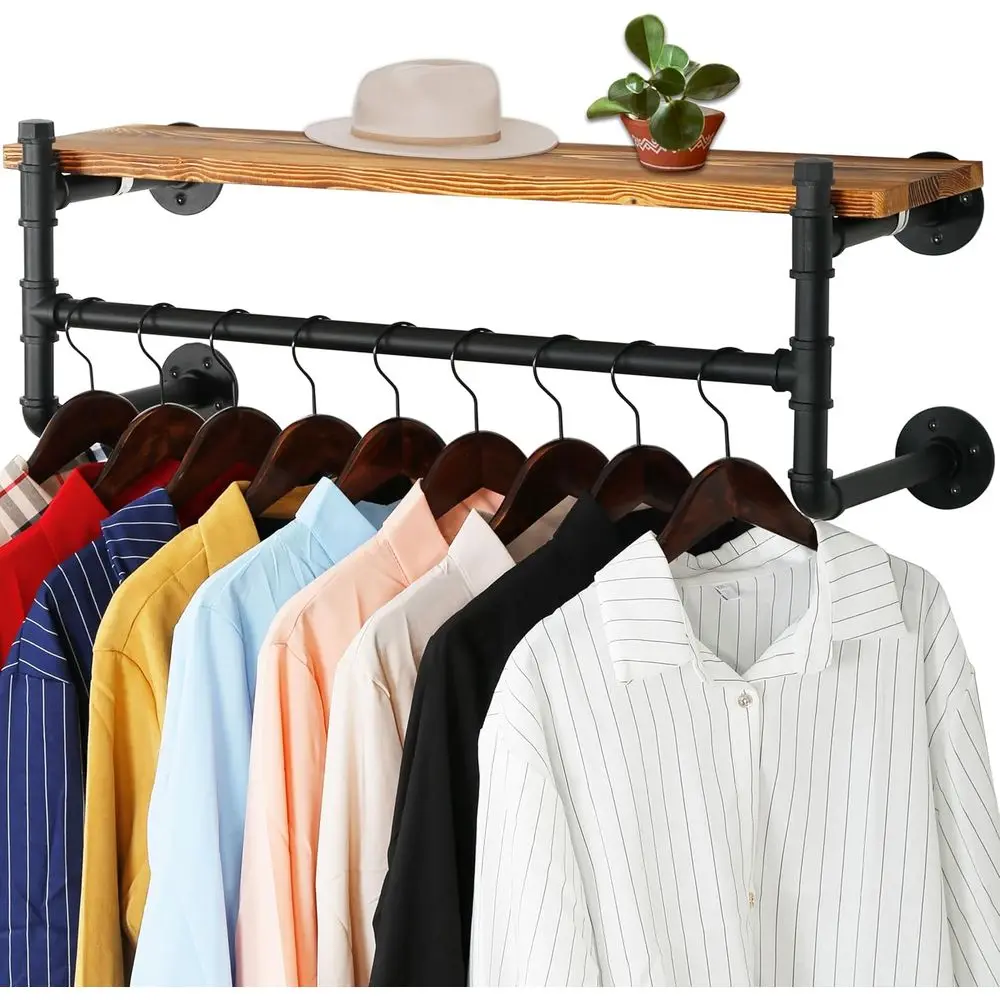 

Industrial Style 32 Heavy Duty Iron Clothing Rack with Shelves, Ideal for Retail Displays, Laundry Rooms, and Home Use, Black
