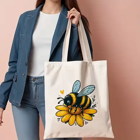 Cute Bumblebee Sunflower Heart Art Print Canvas Tote Bag Casual Daily Handbag For Walk Library And Daily Grocery Shopping Use