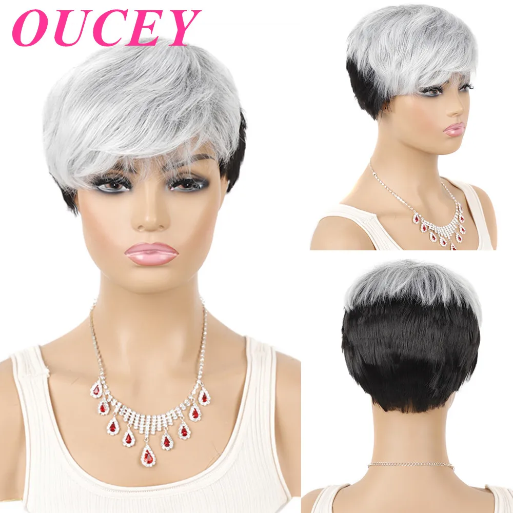 

OUCEY Straight Hair Synthetic Wigs For Women Pixie Cut White Black Wig With Bangs Short Wig Female Natural Wigs Women