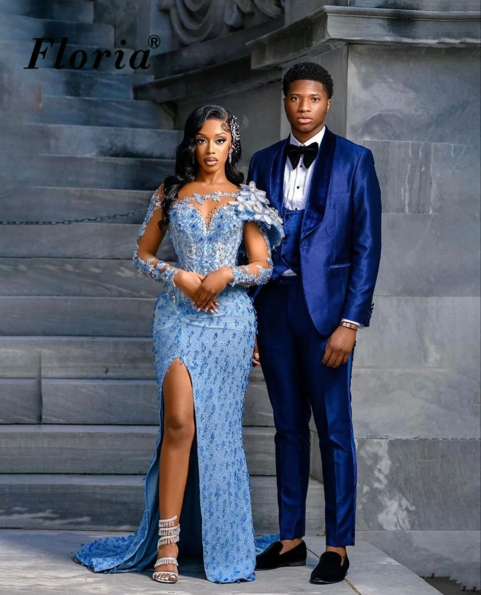 Light Blue African Celebrity Dresses With Side Slit Long Sleeves Wedding Party Dresses With Crystals Vestidos De Noche Prom Gown