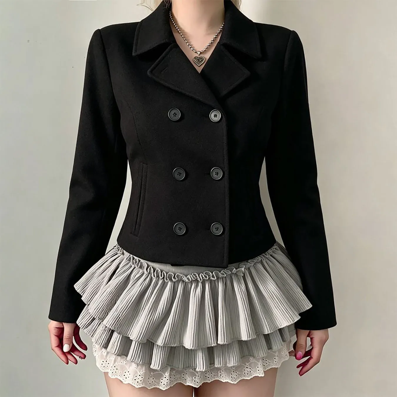New retro slim fit casual cardigan with double breasted buttons for autumn and winter season Y2K black lapel jacket top