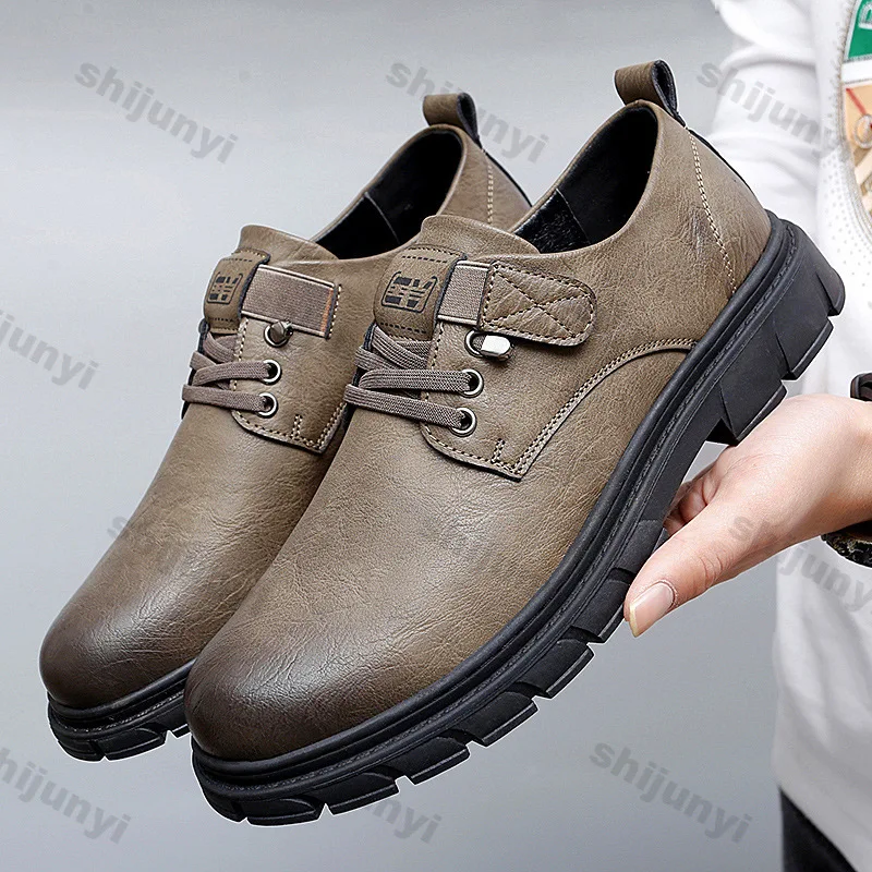 Men's Leather Casual Shoes 2025 Spring High Top Platform Leather Boots Short Slip-on Fur Ankle Boots Men Outdoor Tooling Shoes