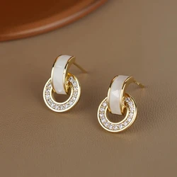 Korean White Drip Oil Circular Stud Earrings for Women Exquisite Sparkling Crystal Geometric Round Earrings Party Jewelry Gifts