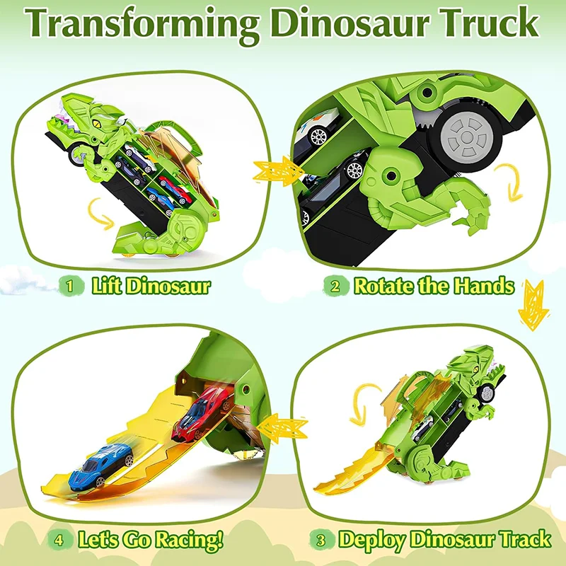 Dinosaur Transforms Car Toys for Kids Tyrannosaurus Rex Carrier Truck Monster Swallowing Vehicle with Race Track Tail Gift