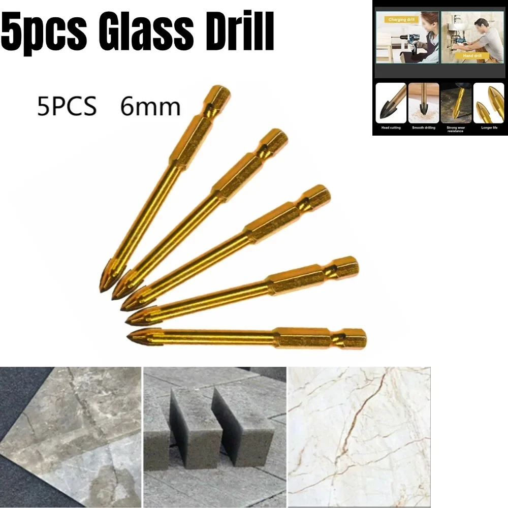 5pcs 6mm Drill Bits Set Cross Spear Head Drill Bit Hex Shank Tile Porcelain Marble Ceramic Glass Brick Drilling For Power Tool