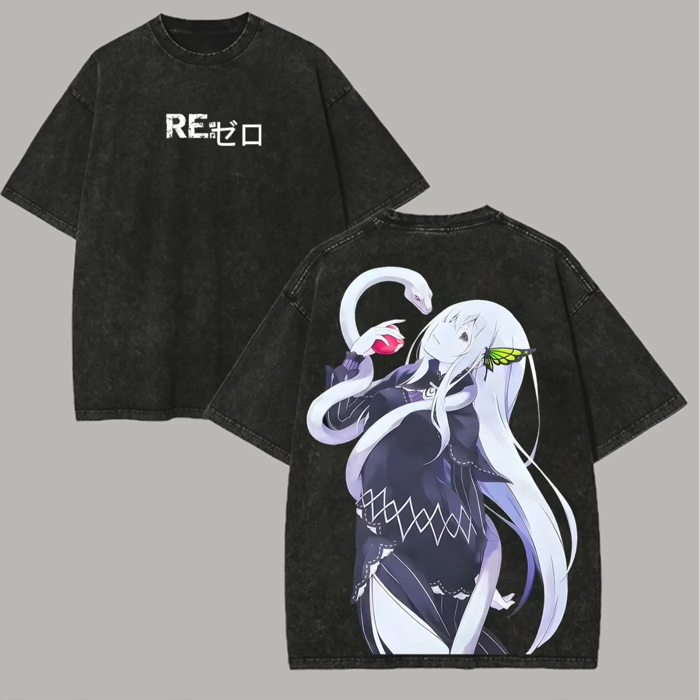 Anime Re:ZERO Oversized T-shirt, Rem Print with Logo Casual Streetwear Washed Black Tee For Men Women