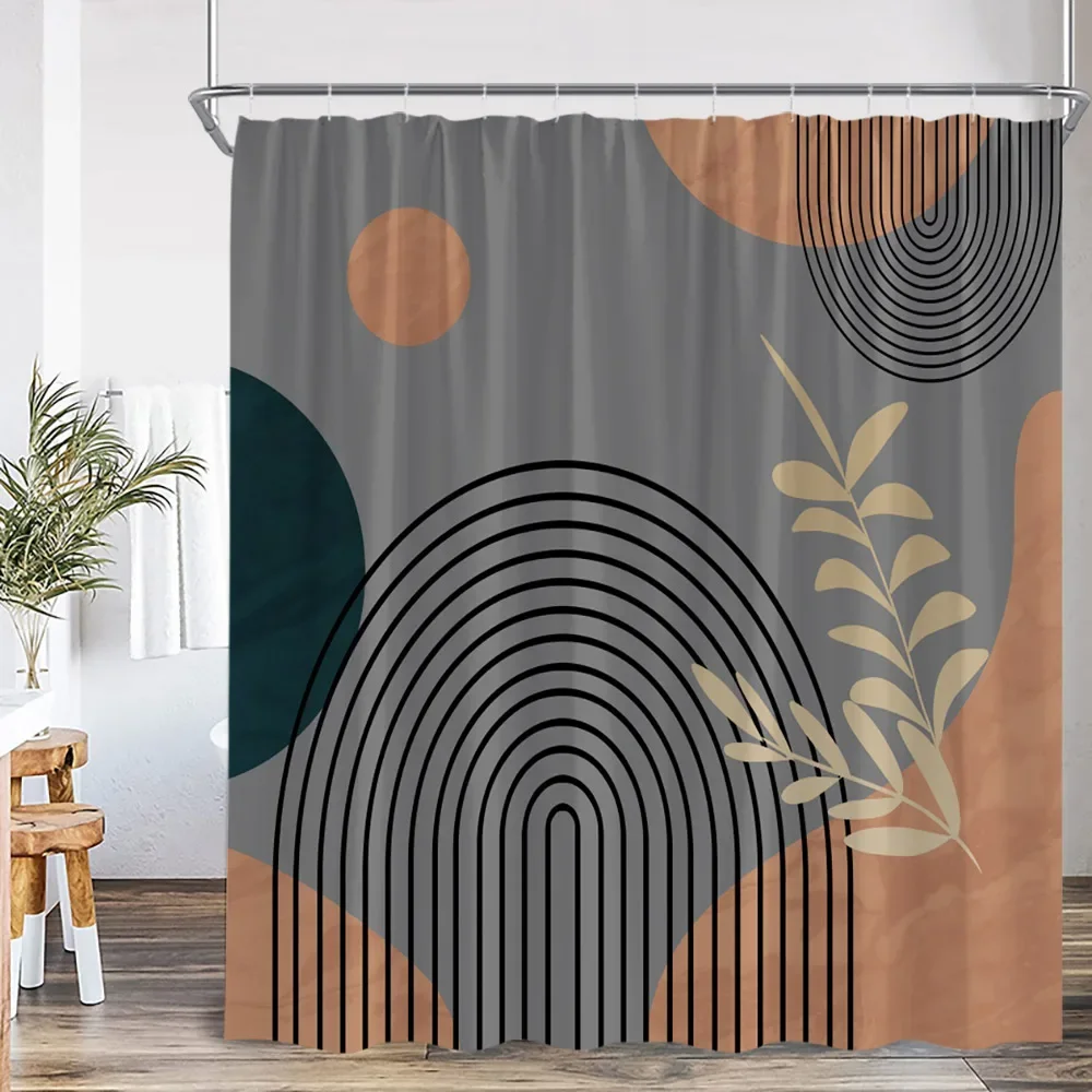 Mid Century Abstract Shower Curtain Leaf Curve Simple Line Nordic Modern Bathroom Decor Polyester Fabric Bath Curtain with Hook