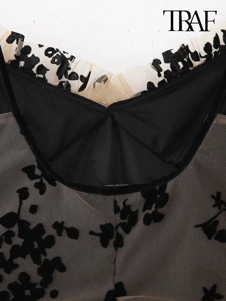 TRAF donne estate nuovo retrò elegante bruciato fiore stampa splicing maglia cavezza abito ins super fuoco spalline sottili backless Slim sottile temperamento abito fata