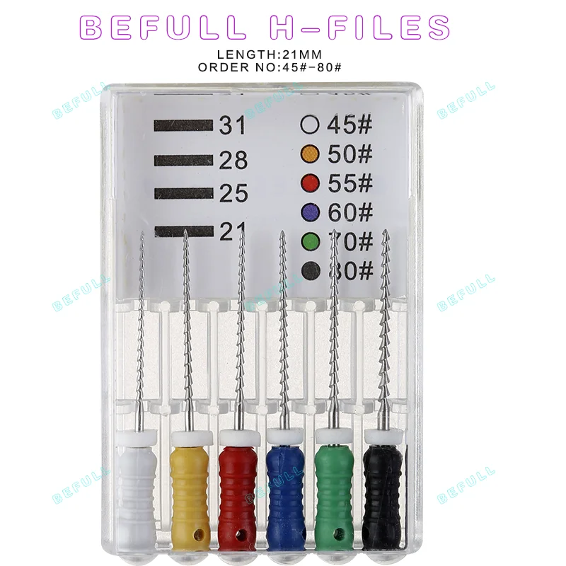 H-FILES dentales (uso manual), herramientas de dentista, Canal radicular endodóntico, archivos de tratamiento de archivo de HEDSTROEM, 21/25/31mm, 6 unids/lote por paquete