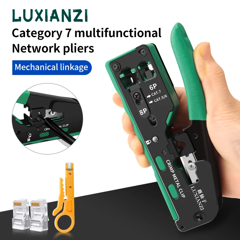 Luxianzi-cabo Ethernet Stripper Cortador Rj45 Crimper Ferramentas de Rede Alicate Através do Orifício Conector Pressionando Wire Clamp Rj11 12
