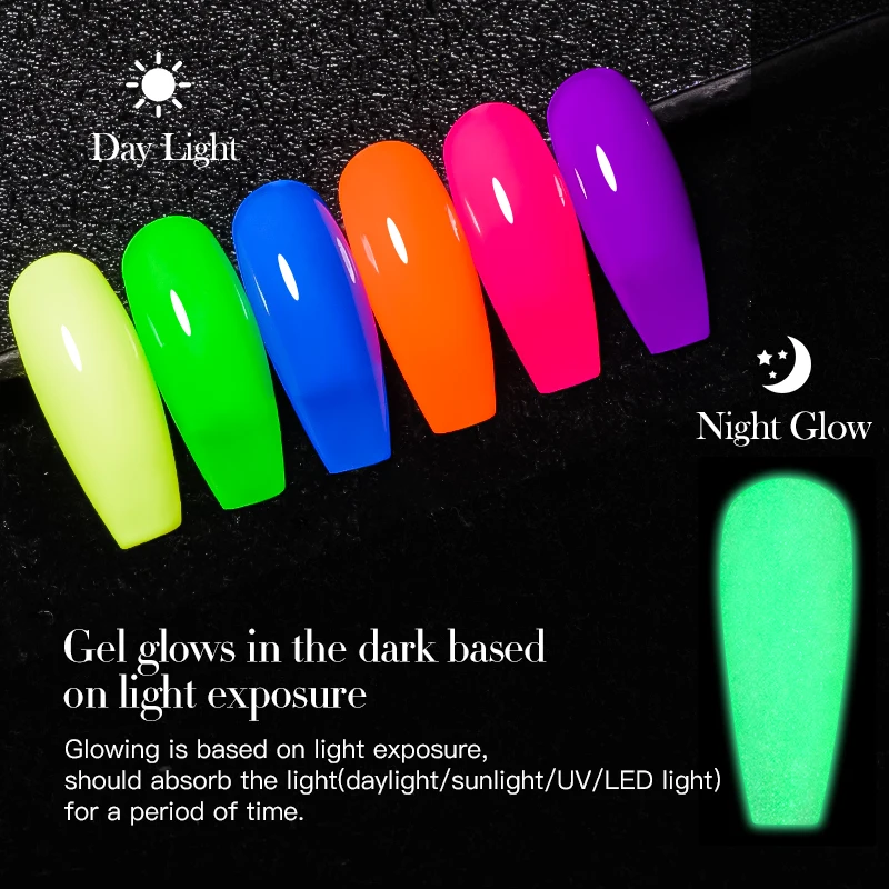 MEET ACROSS 7ml Luminous Top Coat Fluorescent Glow In Dark Gel Nail Polish Semi Permanent Soak Off UV LED Gel Varnish Nail Art