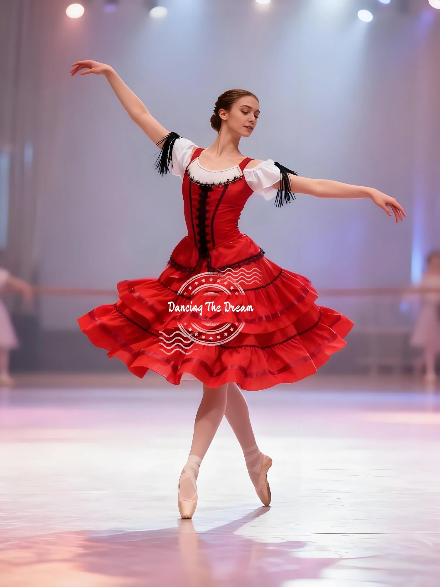 

Vibrant Red Satin Ballet Dress with Black Fringe Details
