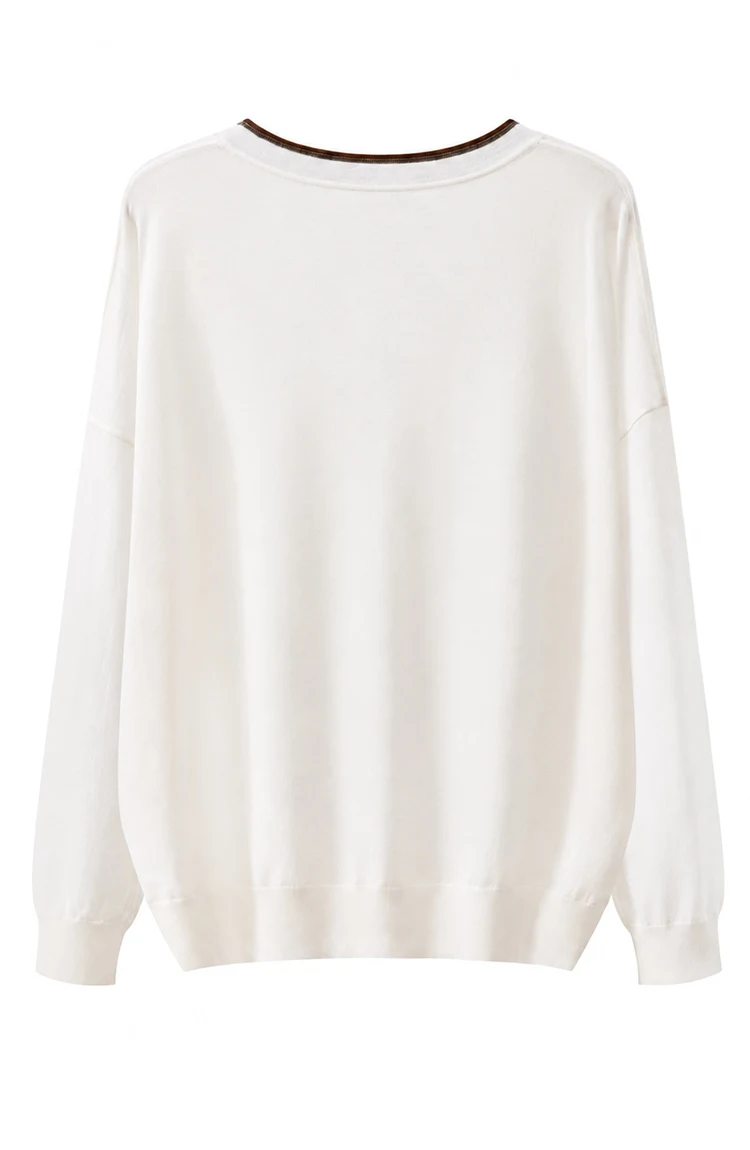 BD3621781 Damen 100% Wolle Oversized V-Ausschnitt Pullover Langarm Kontrastbesatz V-Form Kette Zweifarbig Entspannter Luxus Herbst – Detail 17