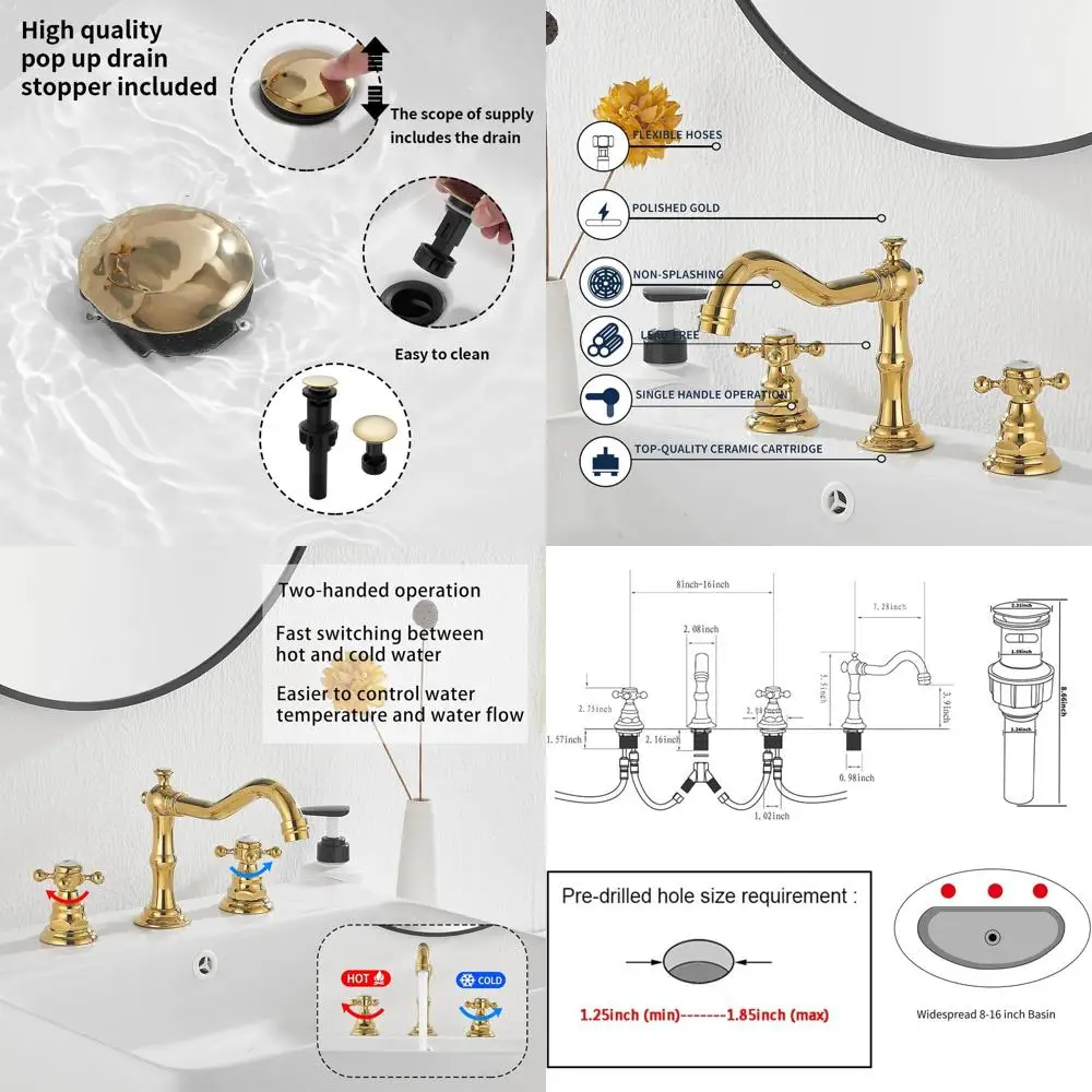 

Polished Gold Widespread 2-Handle 3-Hole Bathroom Sink Faucet with Mixer and Pop-Up Drain Included